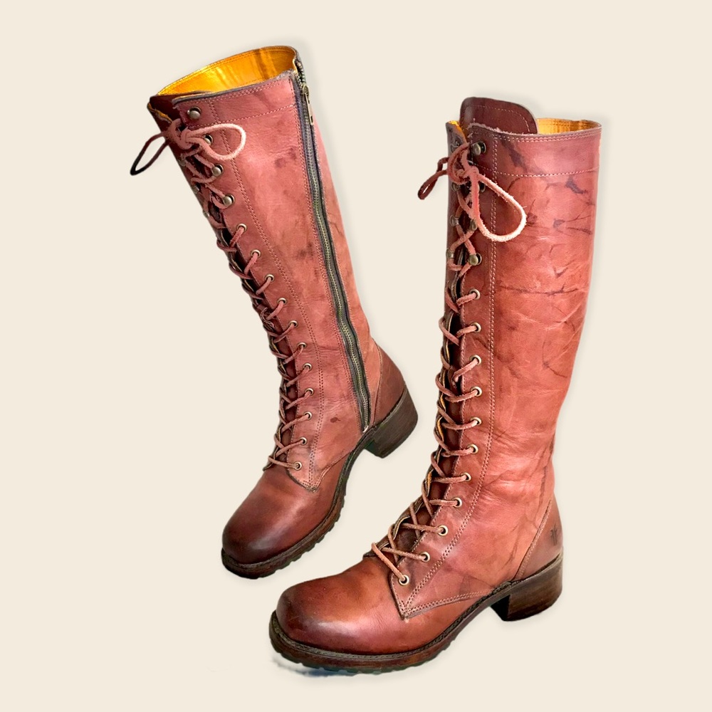 Frye Campus Lug Lace Up Cognac/Saddle Distressed Vintage Leather Heeled Boots - Picture 11 of 16